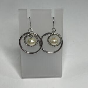 Earrings dangle silver tone with faux pearl simple light weight